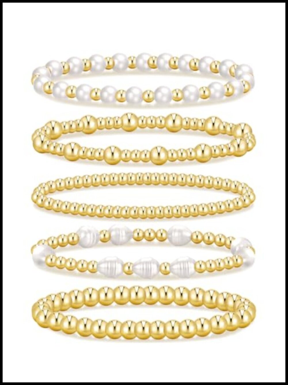 14K Real Gold Plated Dainty Pearl Bead Stretch Bracelet Set for Women Stackable